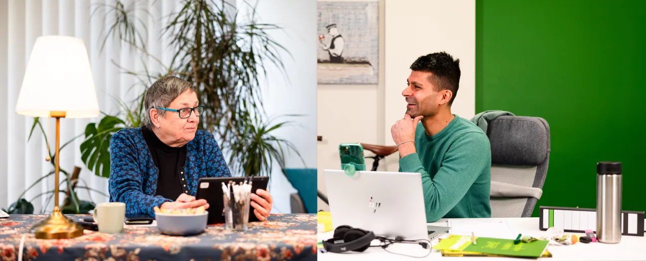 Zwei Personen an Tischen sitzend. Links ältere Person mit Tablet, rechts Mann am Laptop, lächelnd. Pflanzen im Hintergrund.