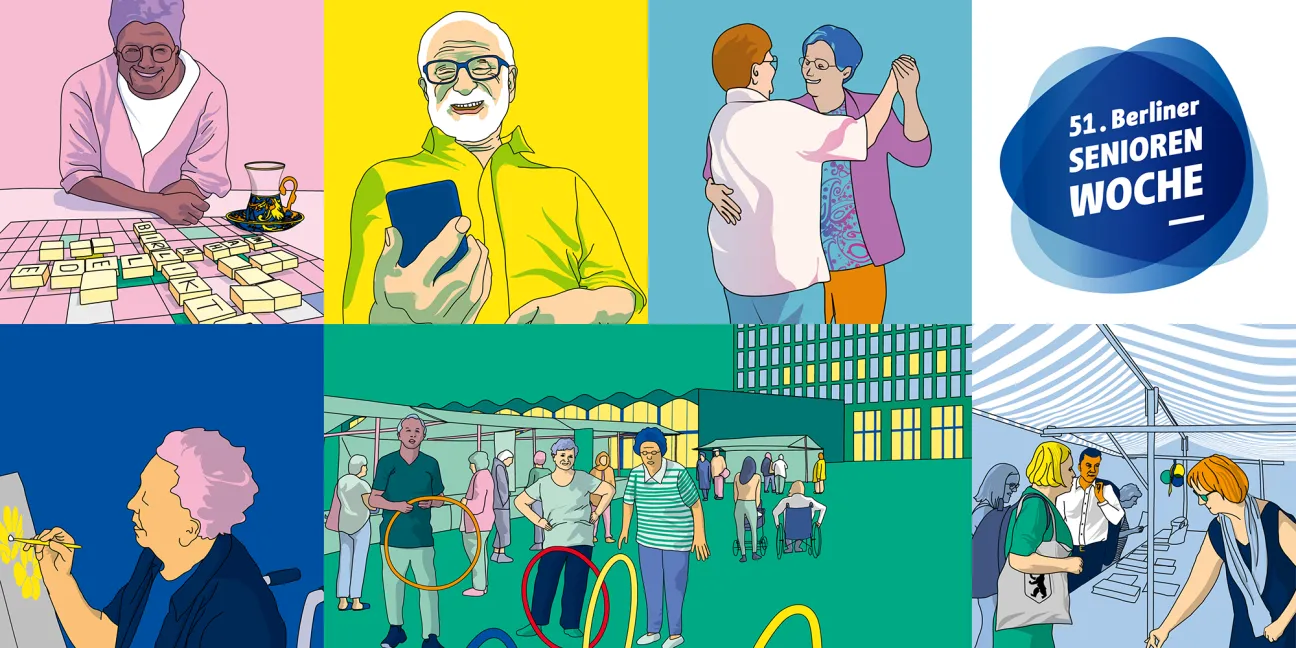 Bunte Grafiken mit lachenden älteren Menschen beim Spielen, Malen, Tanzen, am Smartphone, am Infostand.
