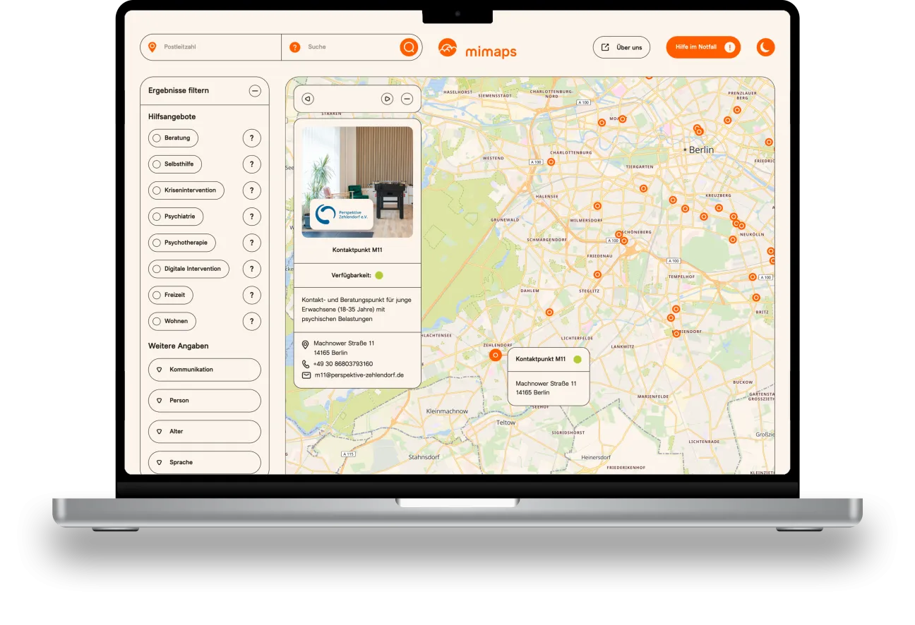 Grafik eines Laptops. Geöffnet ist die Webseite von mimaps. Gezeigt werden die Suchfilter.