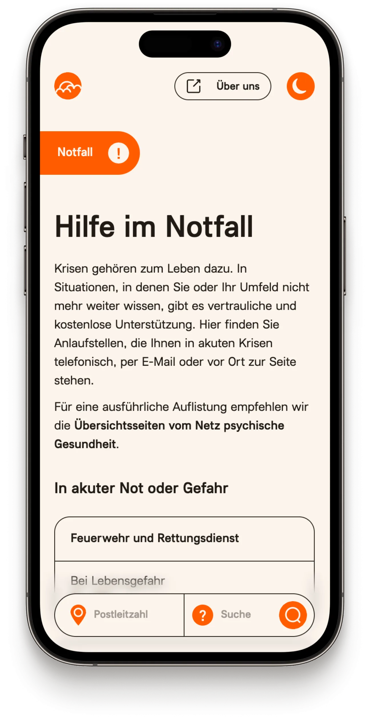 Grafik eines Smartphones. Geöffnet ist eine Übersicht von Notfallnummern auf der Webseite von mimaps.