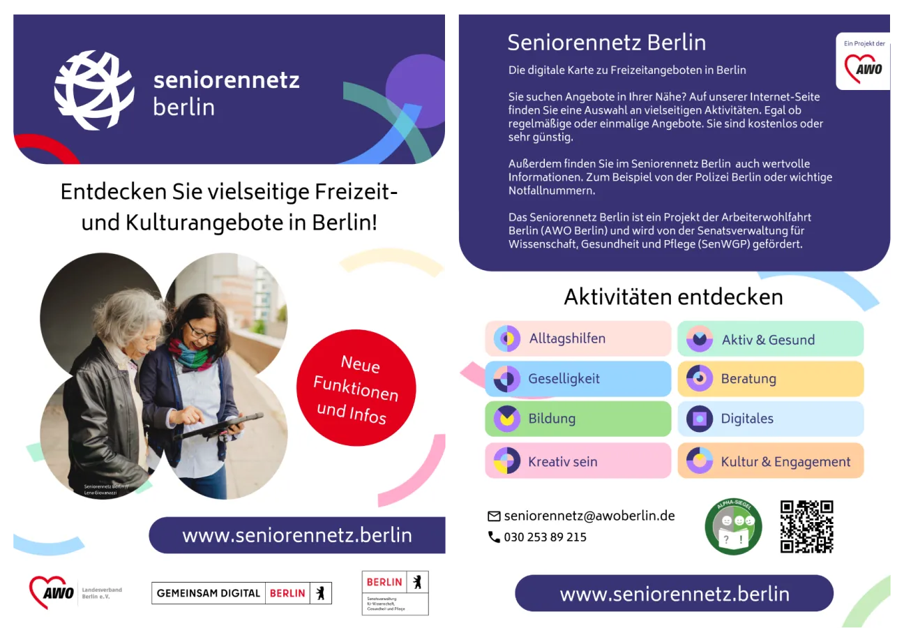 Vorder- und Rückseite eines Flyers zur Bewerbung des Seniorennetz Berlin