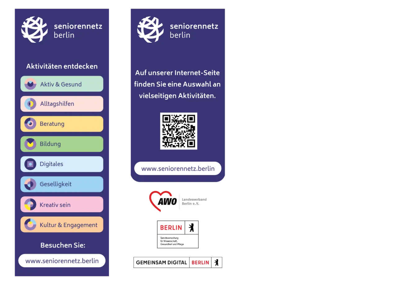 Vorder- und Rückseite eines Lesezeichens zur Bewerbung des Seniorennetz Berlin