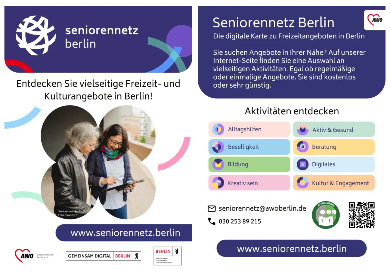 Vorder- und Rückseite einer Postkarte zur Bewerbung des Seniorennetz Berlin
