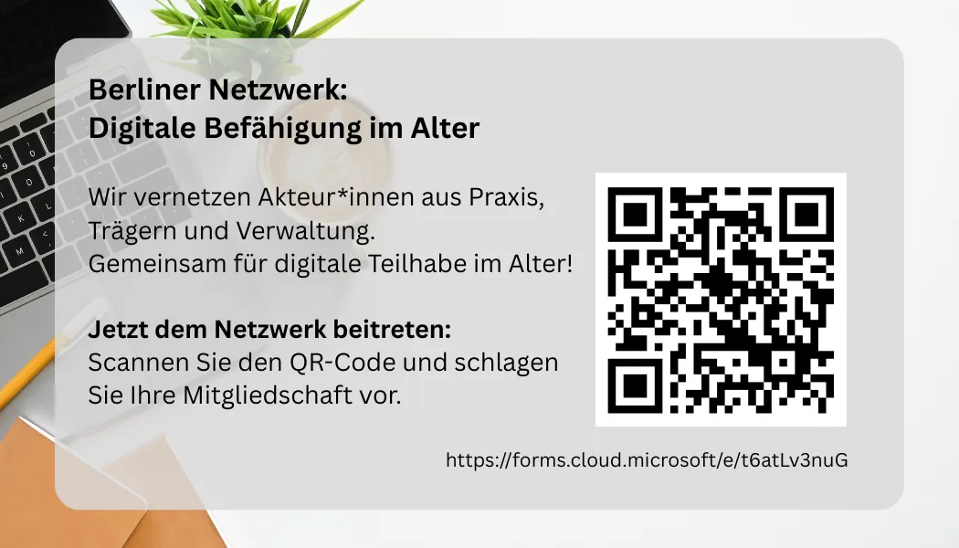 Visitenkarte des Berliner Netzwerk: Digitale Befähigung im Alter mit QR-Code zum Beitrittsformular