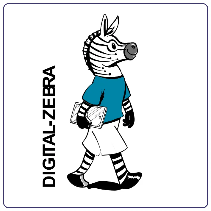 Word-Bild-Marke: Zeichnung eines aufrecht gehenden Zebras mit Tablet im Arm. Schriftzug: Digital-Zebra