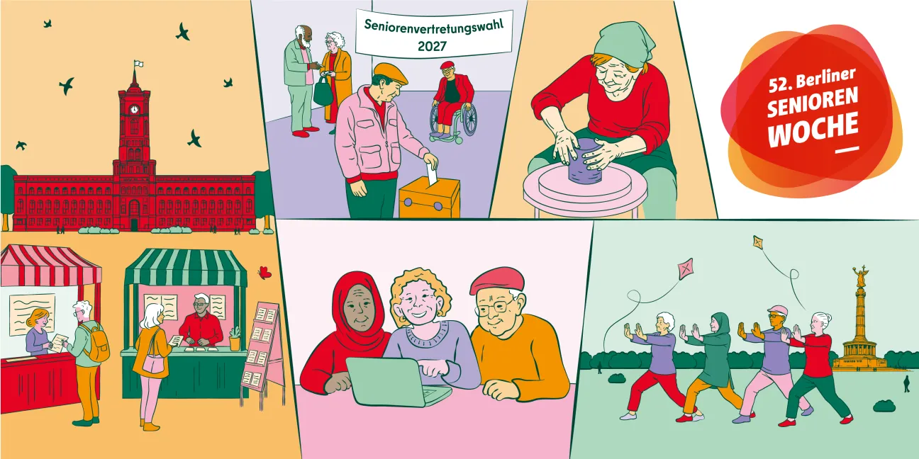 Zusammenschnitt verschiedener Situationen in Grafikstil: Menschen an Ständen, lächelnd vor einem Laptop, kreativ arbeitend und beim Sport. Schriftzug 52. Berliner Seniorenwoche