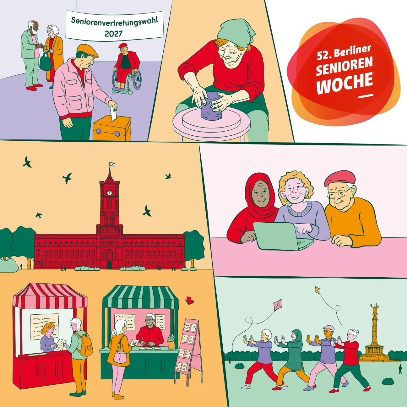 Illustrierte Collage: Ältere Menschen wählen, töpfern, nutzen Laptop, informieren sich am Marktstand und sind aktiv im Park. 52. Berliner Seniorenwoche