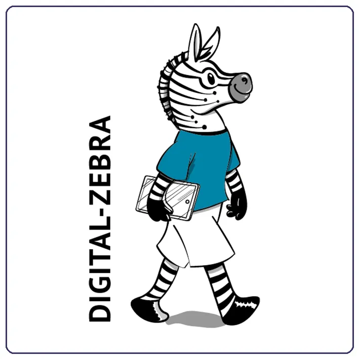 Word-Bild-Marke: Zeichnung eines aufrecht gehenden Zebras mit Tablet im Arm. © VÖBB/ZLB, Zeichnung: Jens Nordmann Daneben Schriftzug: Digital-Zebra 